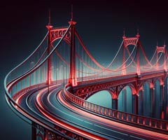 Futuristische Brücke mit leuchtenden Lichtern und geschwungenem Design